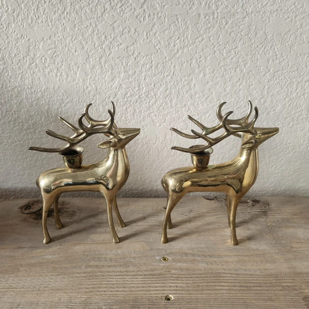 Lot of 2 Pottery Barn Brass Reindeer Candle Holders - Heavy Brass